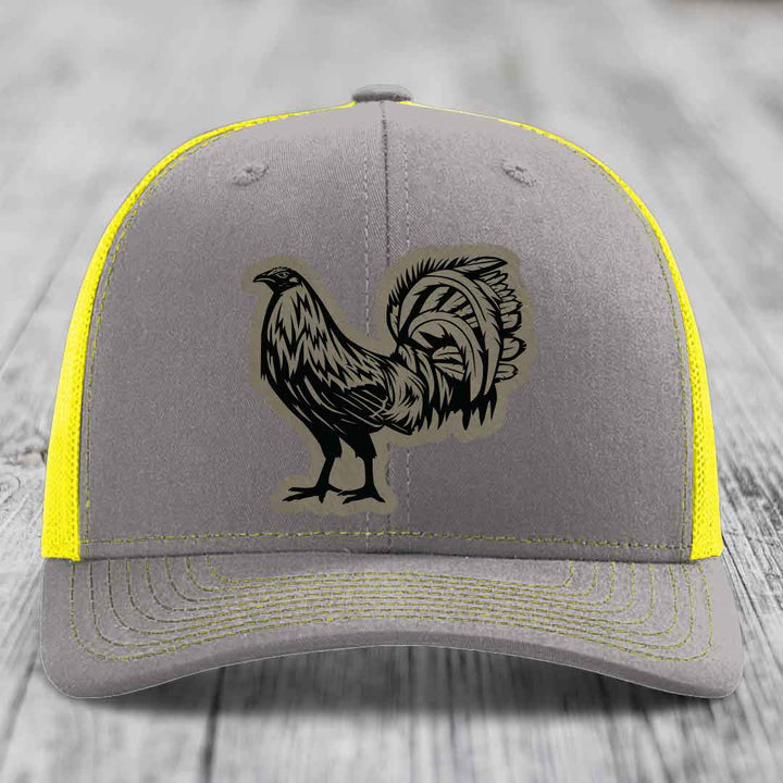 Rooster - Leather Patch Hat - Light Brown to Black Patch - Richardson 112 Snapback Trucker Hat