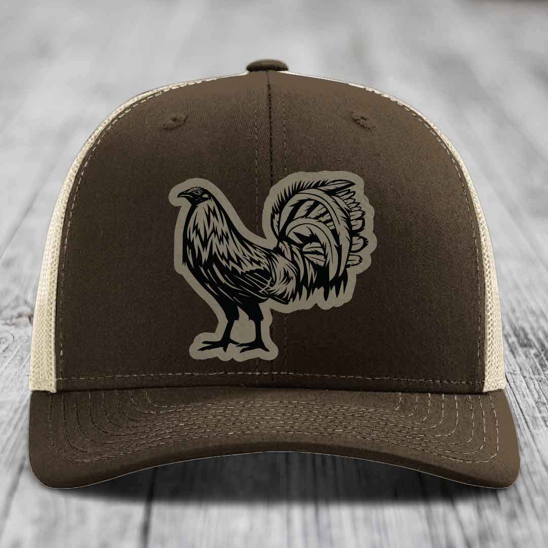 Rooster - Leather Patch Hat - Light Brown to Black Patch - Richardson 112 Snapback Trucker Hat