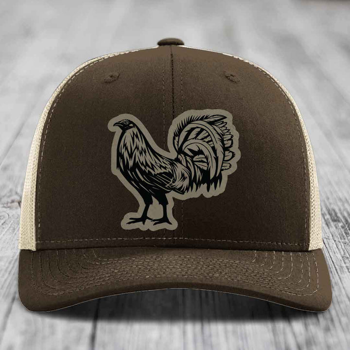 Rooster - Leather Patch Hat - Light Brown to Black Patch - Richardson 112 Snapback Trucker Hat