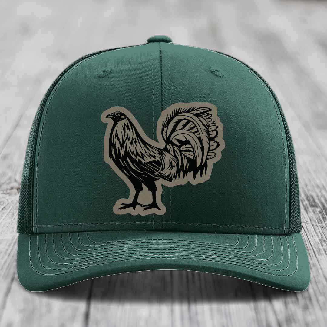 Rooster - Leather Patch Hat - Light Brown to Black Patch - Richardson 112 Snapback Trucker Hat