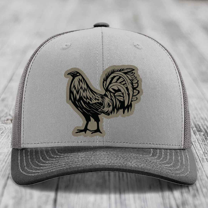 Rooster - Leather Patch Hat - Light Brown to Black Patch - Richardson 112 Snapback Trucker Hat