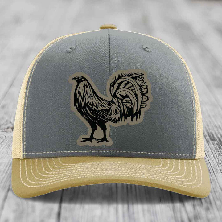 Rooster - Leather Patch Hat - Light Brown to Black Patch - Richardson 112 Snapback Trucker Hat