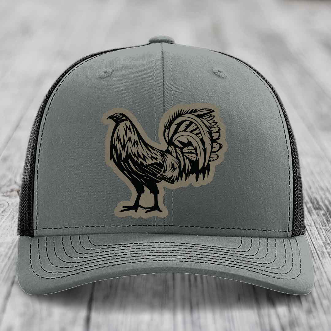 Rooster - Leather Patch Hat - Light Brown to Black Patch - Richardson 112 Snapback Trucker Hat