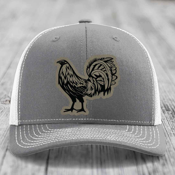 Rooster - Leather Patch Hat - Light Brown to Black Patch - Richardson 112 Snapback Trucker Hat