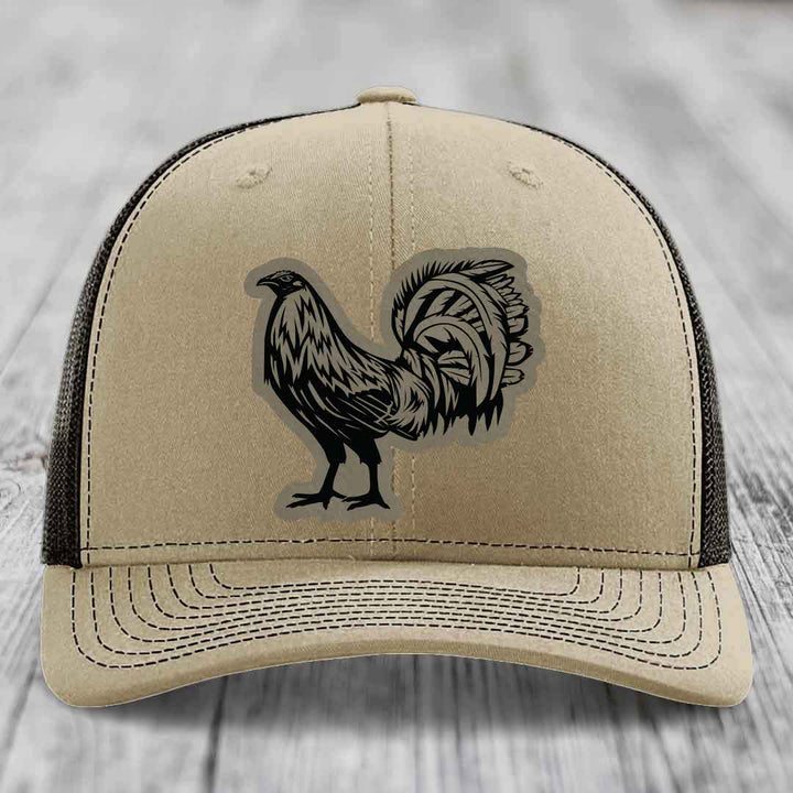 Rooster - Leather Patch Hat - Light Brown to Black Patch - Richardson 112 Snapback Trucker Hat