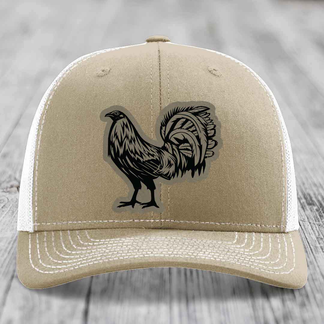 Rooster - Leather Patch Hat - Light Brown to Black Patch - Richardson 112 Snapback Trucker Hat