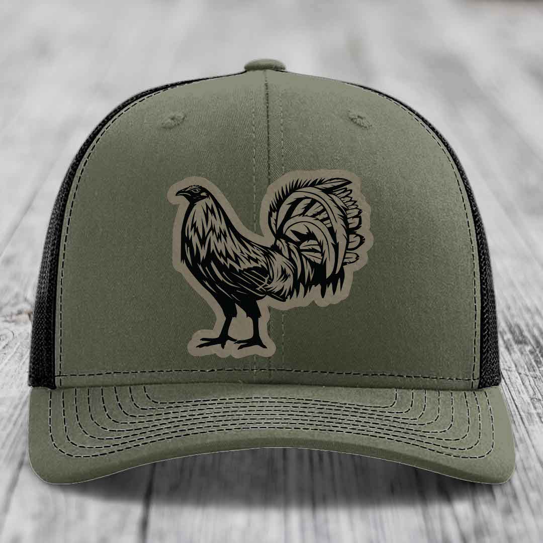 Rooster - Leather Patch Hat - Light Brown to Black Patch - Richardson 112 Snapback Trucker Hat