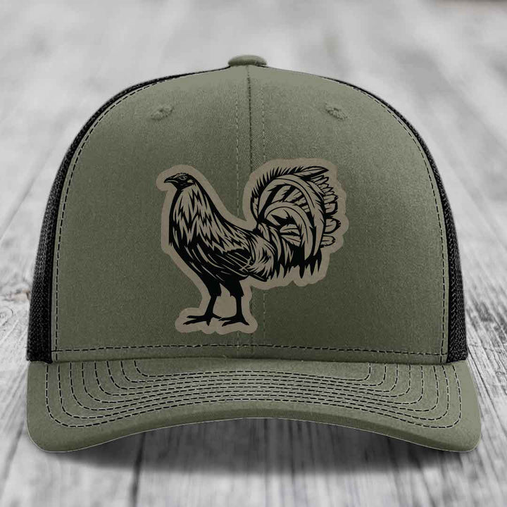 Rooster - Leather Patch Hat - Light Brown to Black Patch - Richardson 112 Snapback Trucker Hat