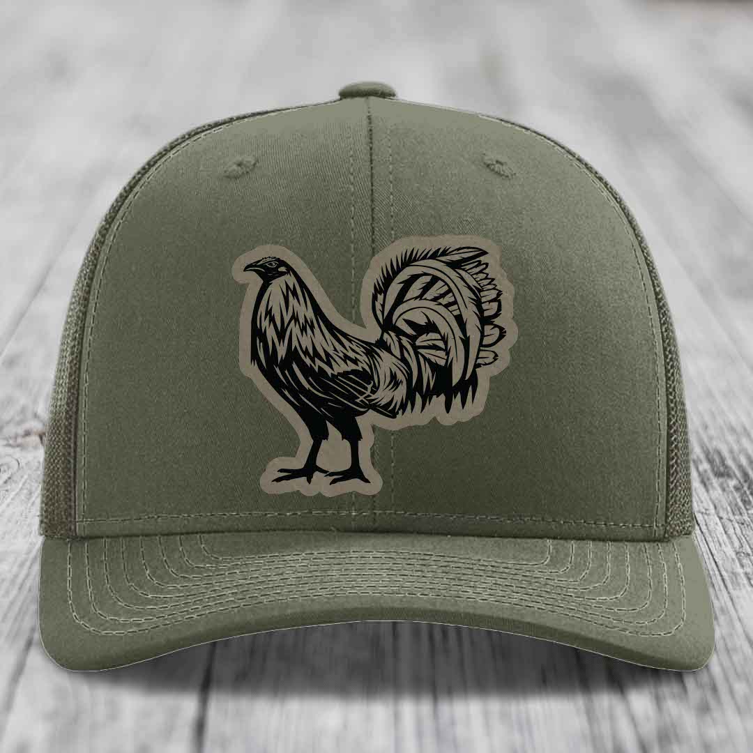 Rooster - Leather Patch Hat - Light Brown to Black Patch - Richardson 112 Snapback Trucker Hat