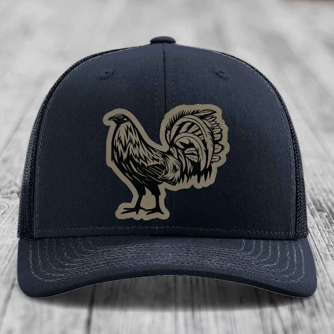 Rooster - Leather Patch Hat - Light Brown to Black Patch - Richardson 112 Snapback Trucker Hat