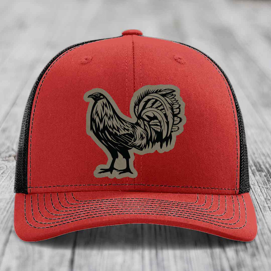 Rooster - Leather Patch Hat - Light Brown to Black Patch - Richardson 112 Snapback Trucker Hat