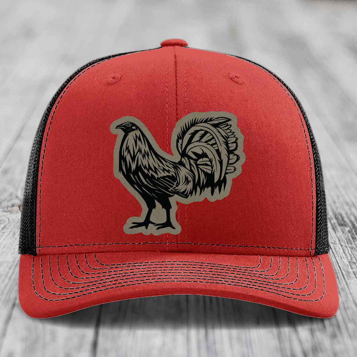 Rooster - Leather Patch Hat - Light Brown to Black Patch - Richardson 112 Snapback Trucker Hat