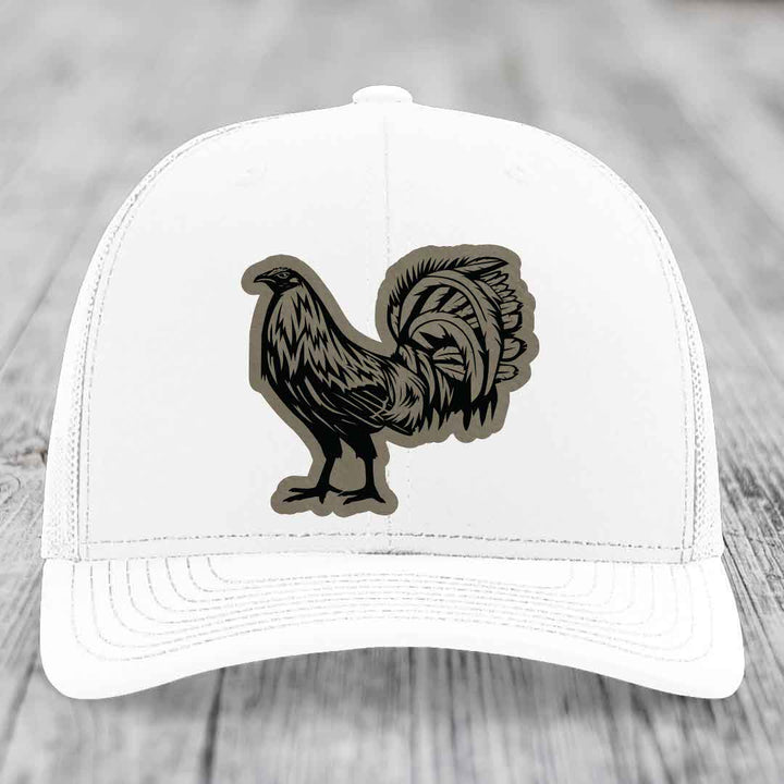 Rooster - Leather Patch Hat - Light Brown to Black Patch - Richardson 112 Snapback Trucker Hat