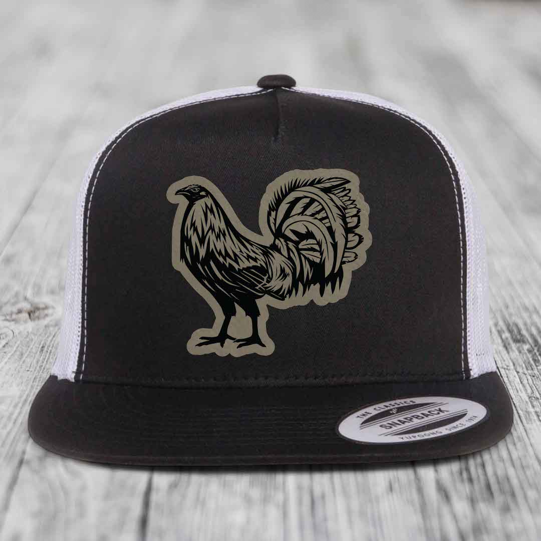 Rooster - Leather Patch Hat - Light Brown to Black Patch - Yupoong 6006 Snapback Flatbill Hat