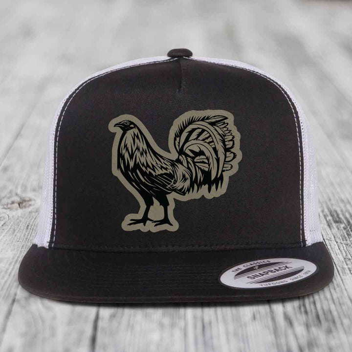 Rooster - Leather Patch Hat - Light Brown to Black Patch - Yupoong 6006 Snapback Flatbill Hat