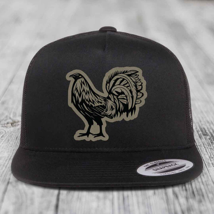 Rooster - Leather Patch Hat - Light Brown to Black Patch - Yupoong 6006 Snapback Flatbill Hat