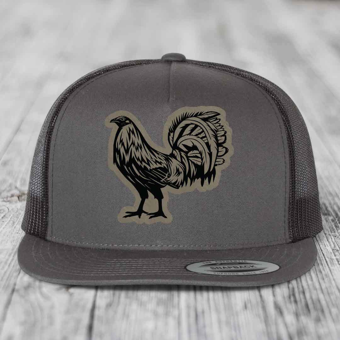 Rooster - Leather Patch Hat - Light Brown to Black Patch - Yupoong 6006 Snapback Flatbill Hat