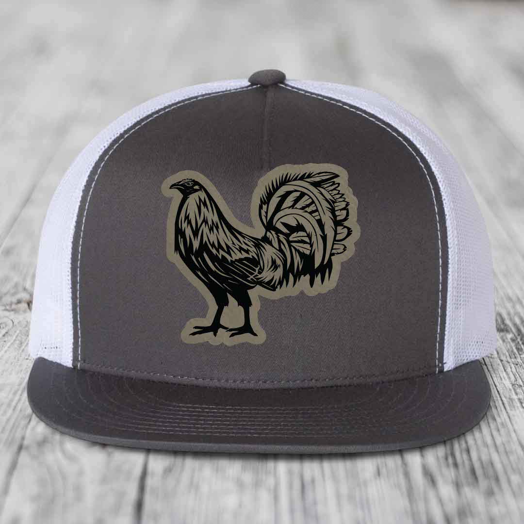 Rooster - Leather Patch Hat - Light Brown to Black Patch - Yupoong 6006 Snapback Flatbill Hat