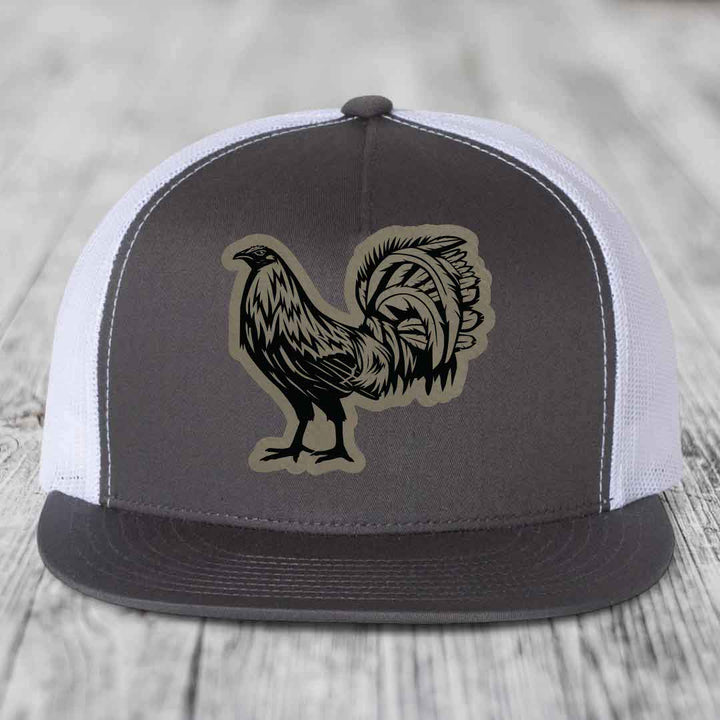Rooster - Leather Patch Hat - Light Brown to Black Patch - Yupoong 6006 Snapback Flatbill Hat