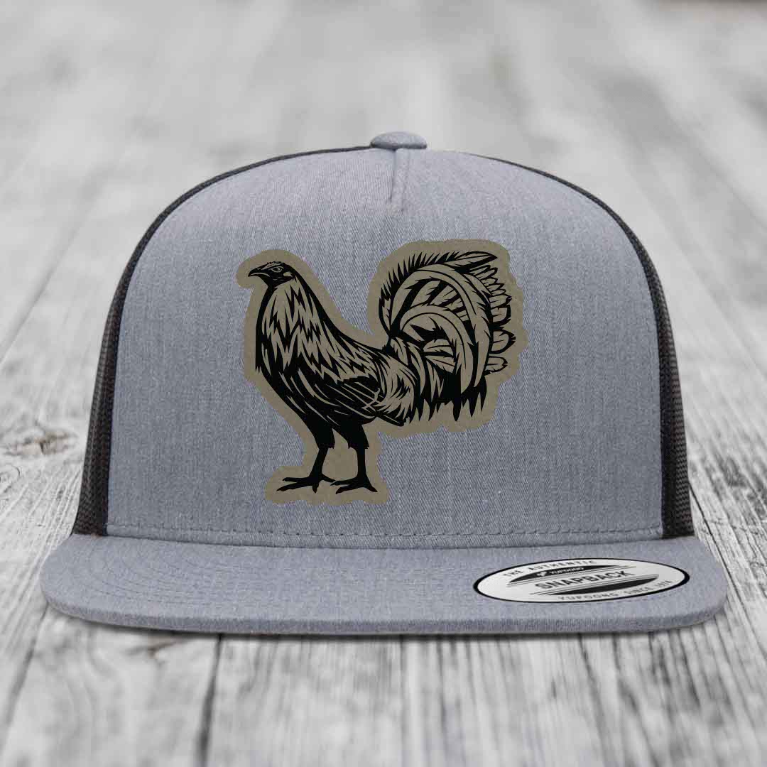 Rooster - Leather Patch Hat - Light Brown to Black Patch - Yupoong 6006 Snapback Flatbill Hat
