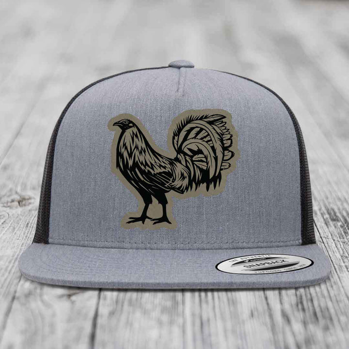 Rooster - Leather Patch Hat - Light Brown to Black Patch - Yupoong 6006 Snapback Flatbill Hat
