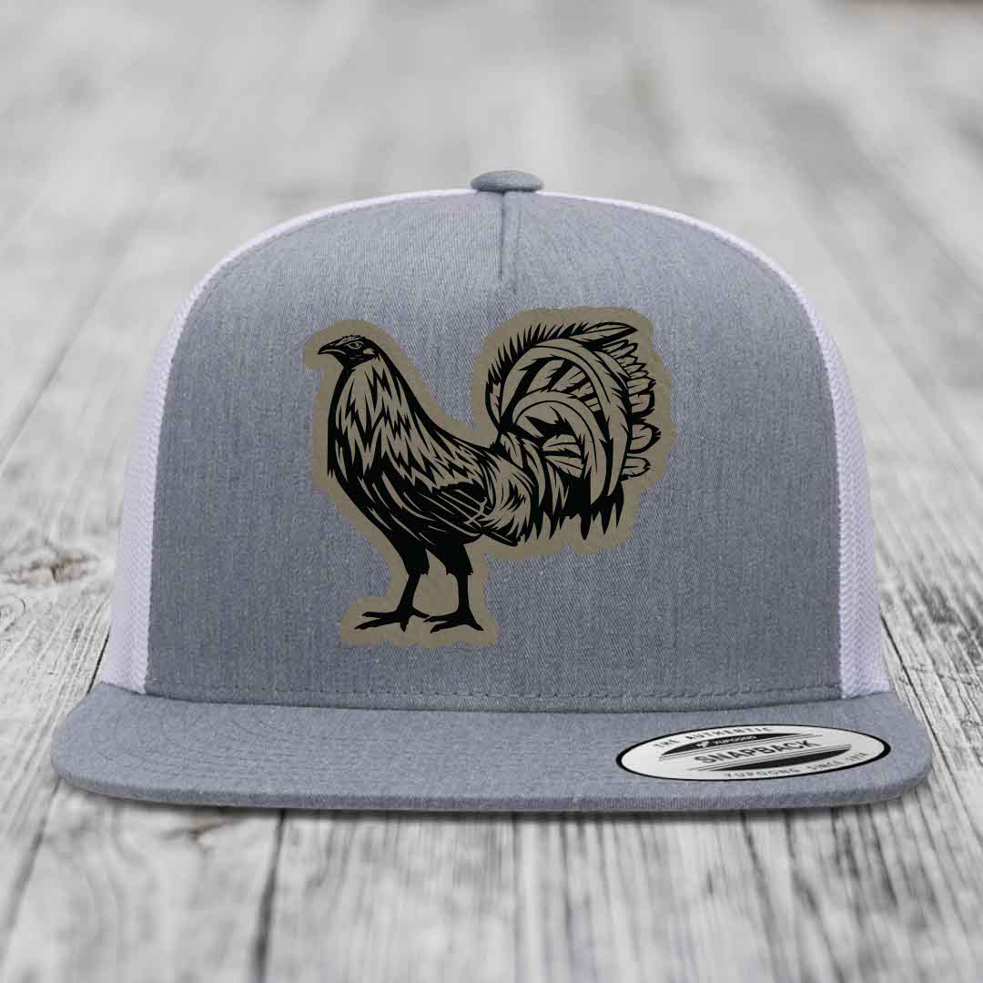 Rooster - Leather Patch Hat - Light Brown to Black Patch - Yupoong 6006 Snapback Flatbill Hat