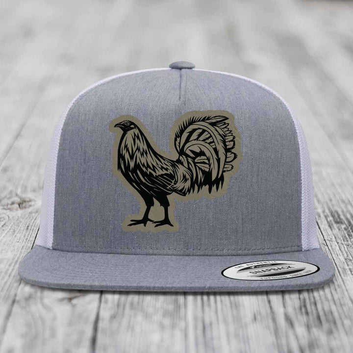 Rooster - Leather Patch Hat - Light Brown to Black Patch - Yupoong 6006 Snapback Flatbill Hat