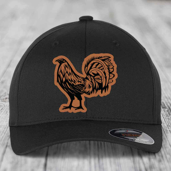 Rooster - Leather Patch Hat - Rawhide to Black Patch - Flexfit 6277 Fitted Hat