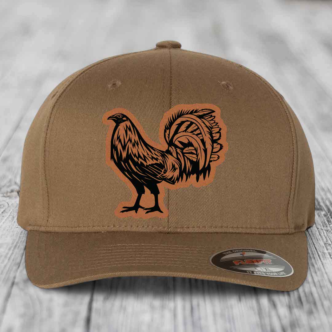 Rooster - Leather Patch Hat - Rawhide to Black Patch - Flexfit 6277 Fitted Hat