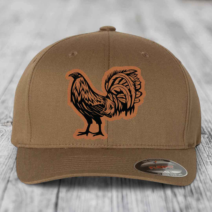 Rooster - Leather Patch Hat - Rawhide to Black Patch - Flexfit 6277 Fitted Hat