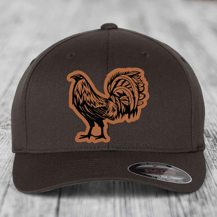 Rooster - Leather Patch Hat - Rawhide to Black Patch - Flexfit 6277 Fitted Hat