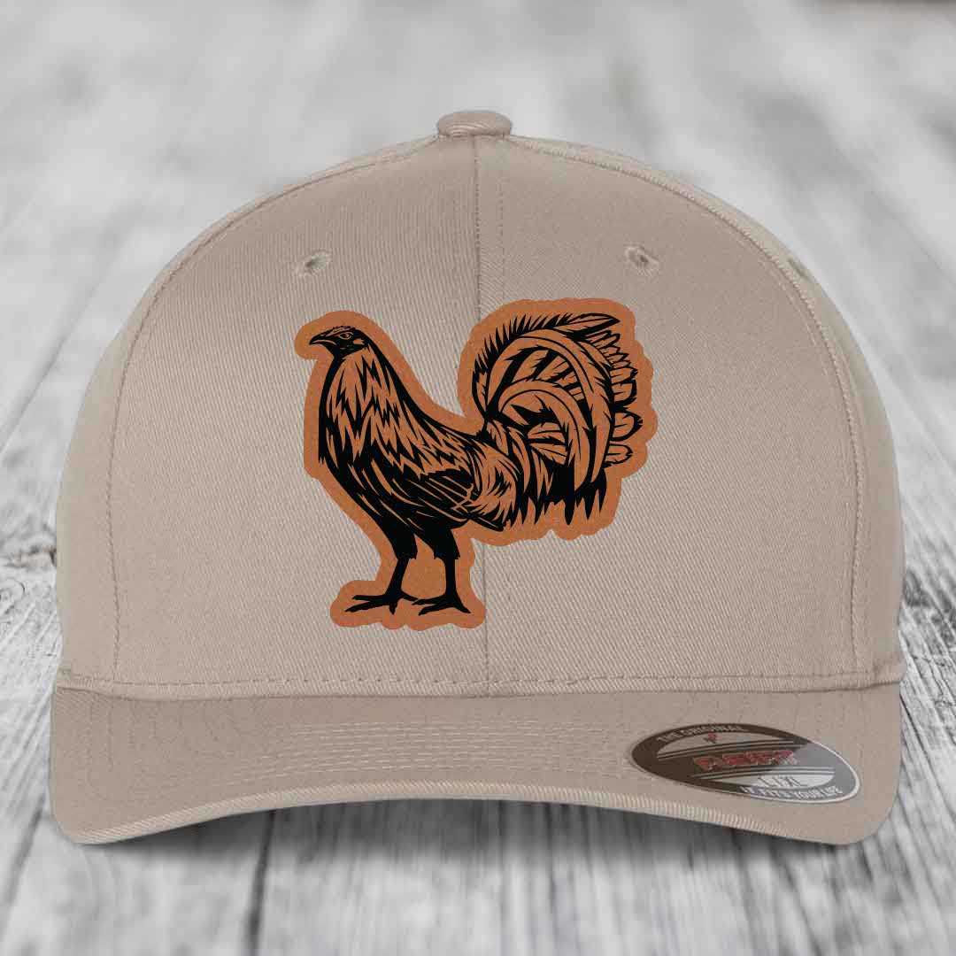 Rooster - Leather Patch Hat - Rawhide to Black Patch - Flexfit 6277 Fitted Hat
