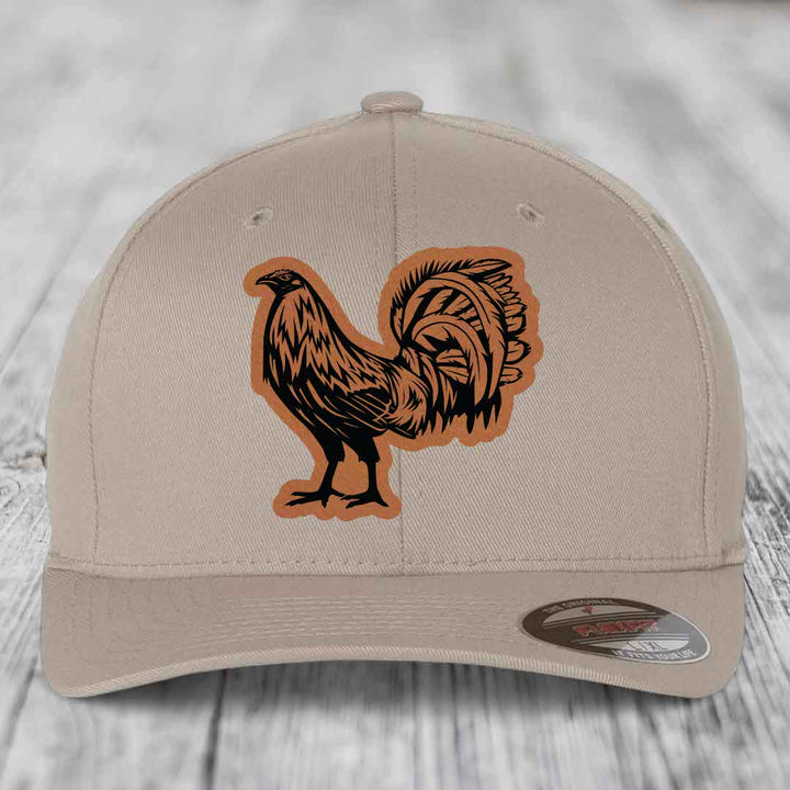 Rooster - Leather Patch Hat - Rawhide to Black Patch - Flexfit 6277 Fitted Hat