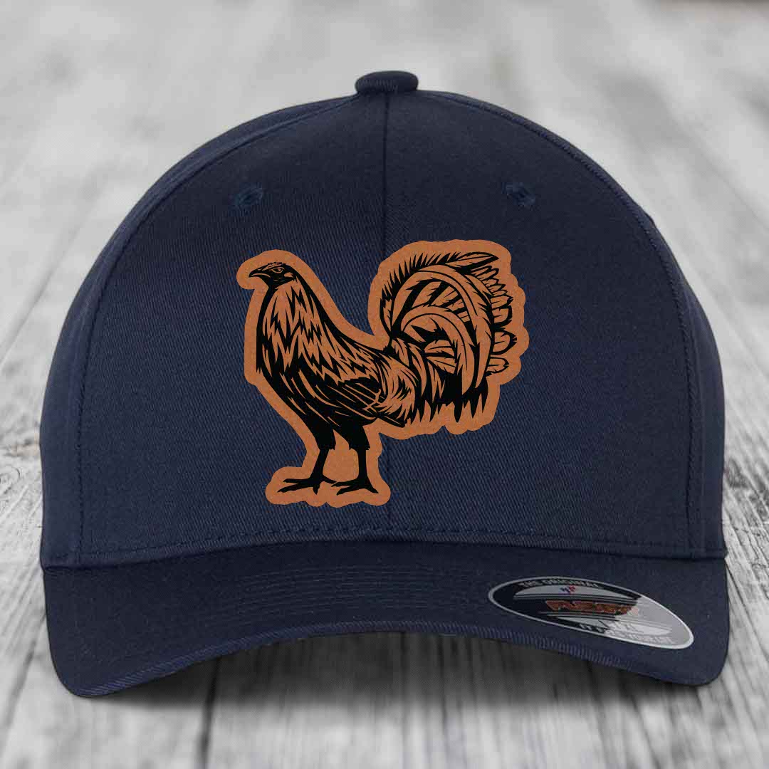 Rooster - Leather Patch Hat - Rawhide to Black Patch - Flexfit 6277 Fitted Hat
