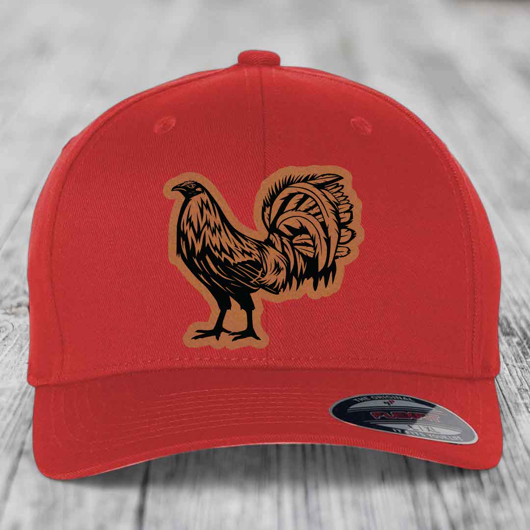 Rooster - Leather Patch Hat - Rawhide to Black Patch - Flexfit 6277 Fitted Hat