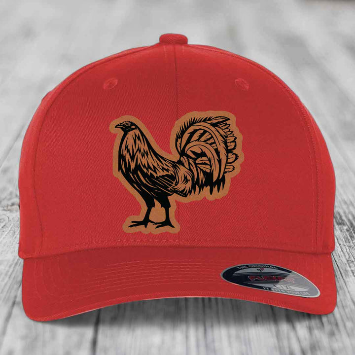 Rooster - Leather Patch Hat - Rawhide to Black Patch - Flexfit 6277 Fitted Hat