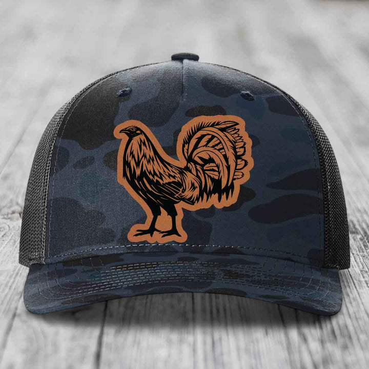Rooster - Leather Patch Hat - Rawhide to Black Patch - Richardson 112PFP Snapback Trucker Hat