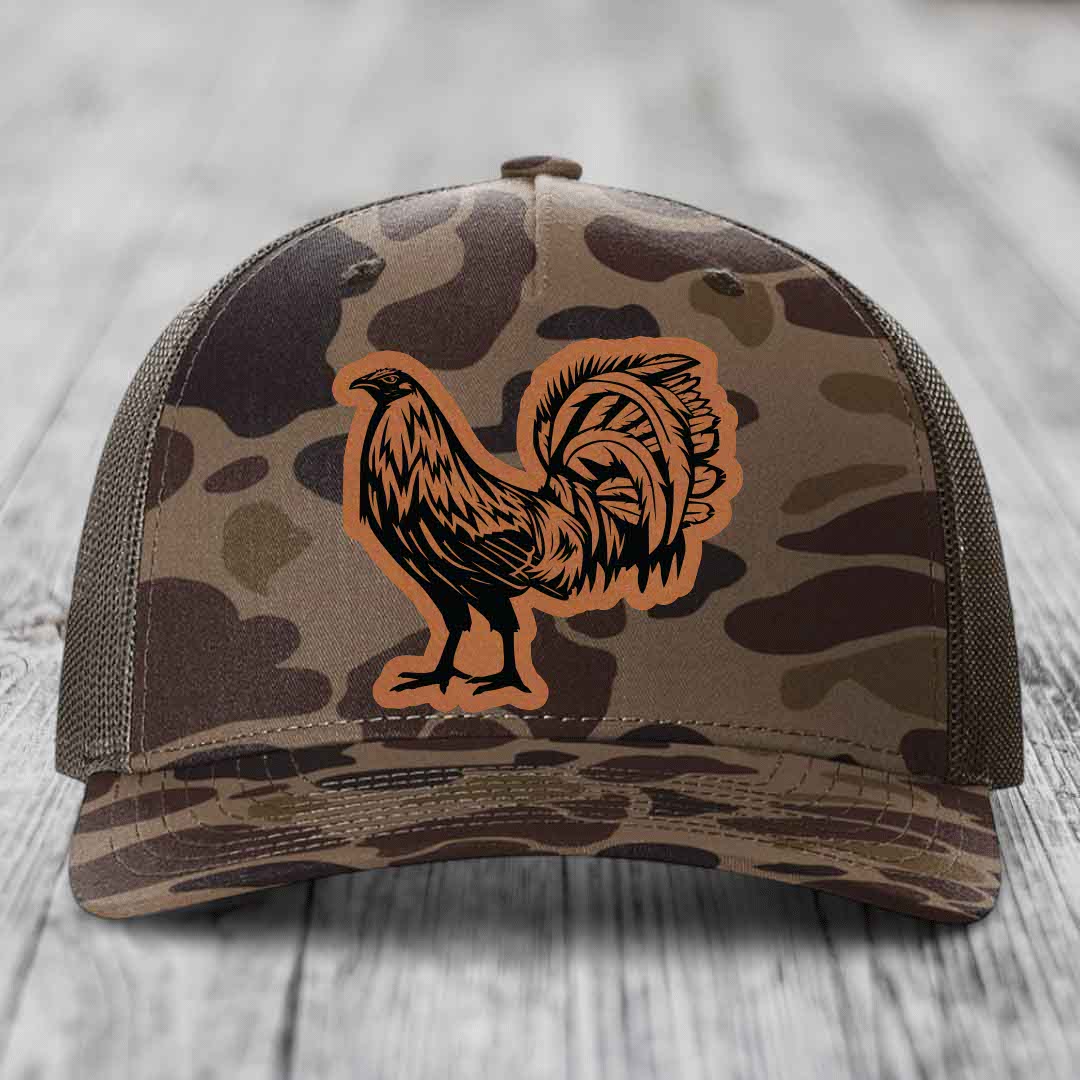 Rooster - Leather Patch Hat - Rawhide to Black Patch - Richardson 112PFP Snapback Trucker Hat