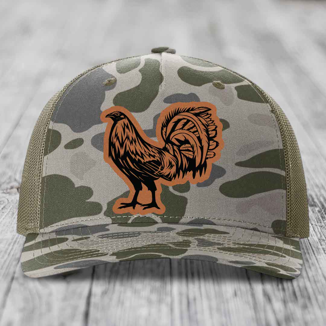 Rooster - Leather Patch Hat - Rawhide to Black Patch - Richardson 112PFP Snapback Trucker Hat
