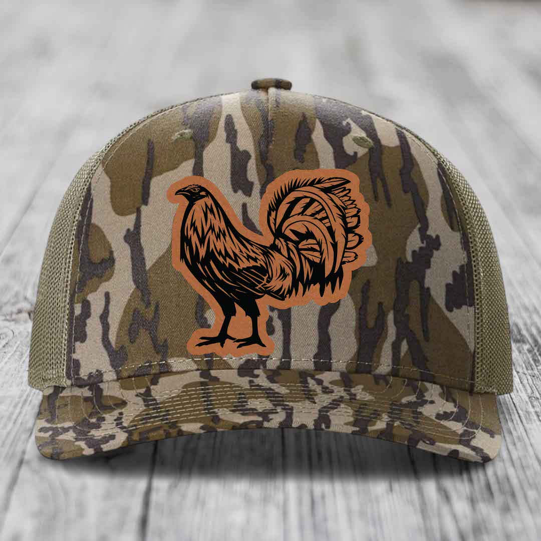 Rooster - Leather Patch Hat - Rawhide to Black Patch - Richardson 112PFP Snapback Trucker Hat