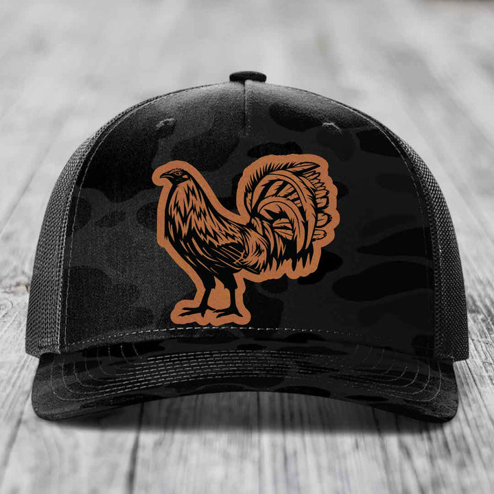 Rooster - Leather Patch Hat - Rawhide to Black Patch - Richardson 112PFP Snapback Trucker Hat