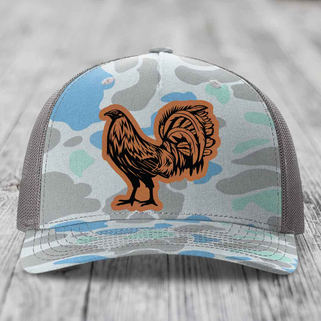 Rooster - Leather Patch Hat - Rawhide to Black Patch - Richardson 112PFP Snapback Trucker Hat