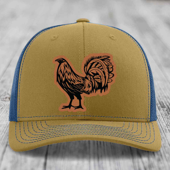 Rooster - Leather Patch Hat - Rawhide to Black Patch - Richardson 112 Snapback Trucker Hat