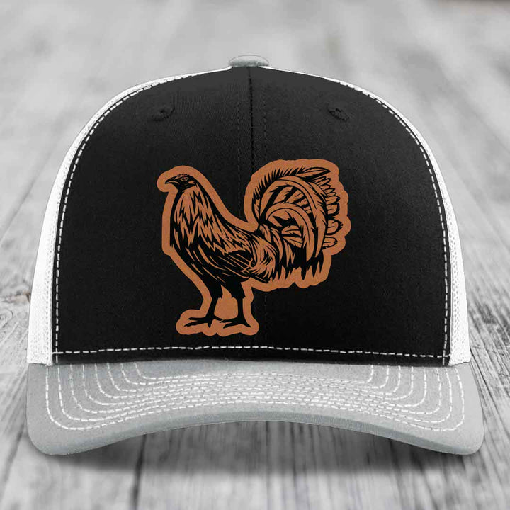 Rooster - Leather Patch Hat - Rawhide to Black Patch - Richardson 112 Snapback Trucker Hat