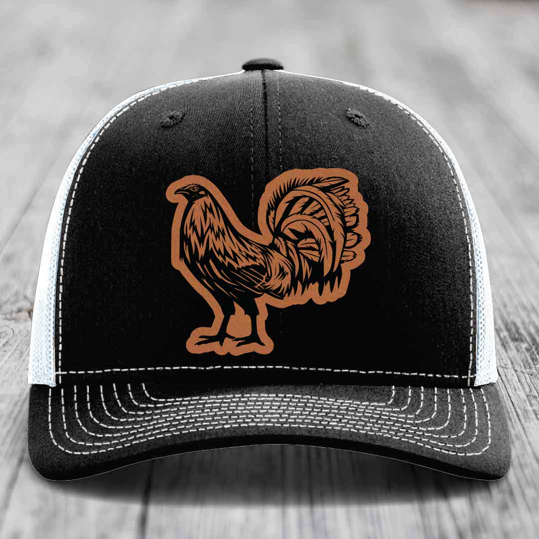 Rooster - Leather Patch Hat - Rawhide to Black Patch - Richardson 112 Snapback Trucker Hat
