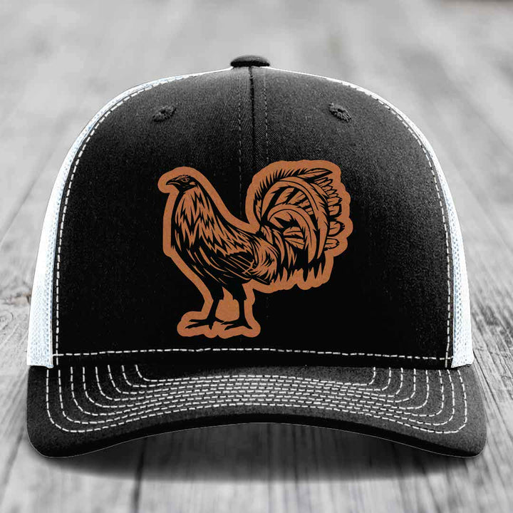 Rooster - Leather Patch Hat - Rawhide to Black Patch - Richardson 112 Snapback Trucker Hat