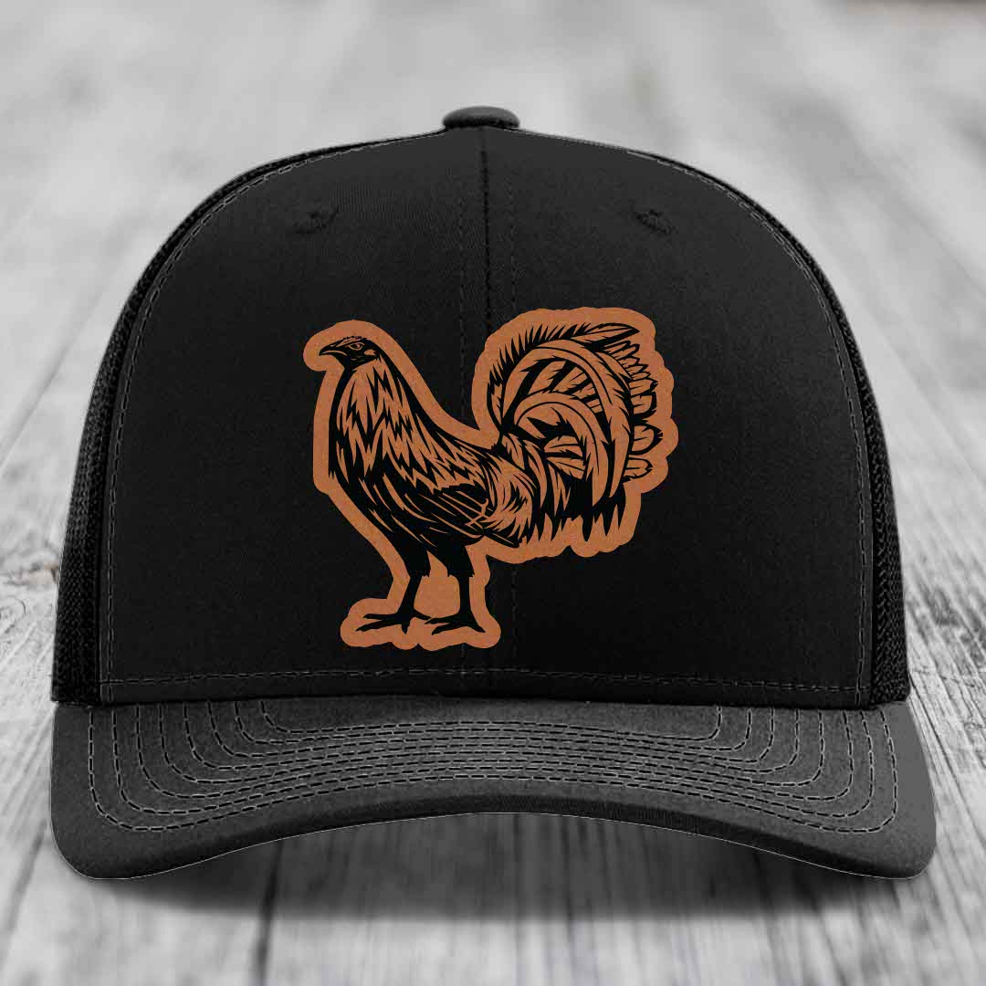 Rooster - Leather Patch Hat - Rawhide to Black Patch - Richardson 112 Snapback Trucker Hat