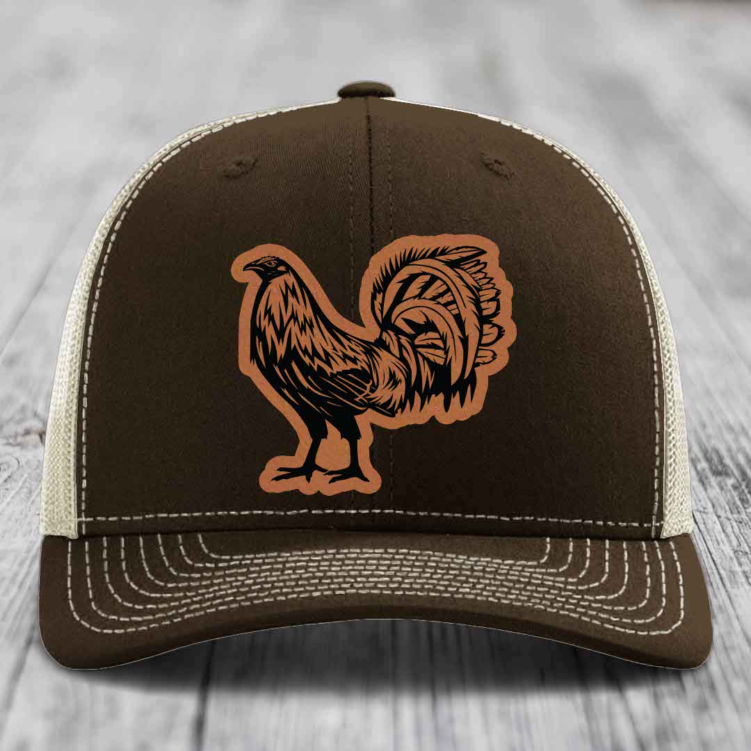 Rooster - Leather Patch Hat - Rawhide to Black Patch - Richardson 112 Snapback Trucker Hat