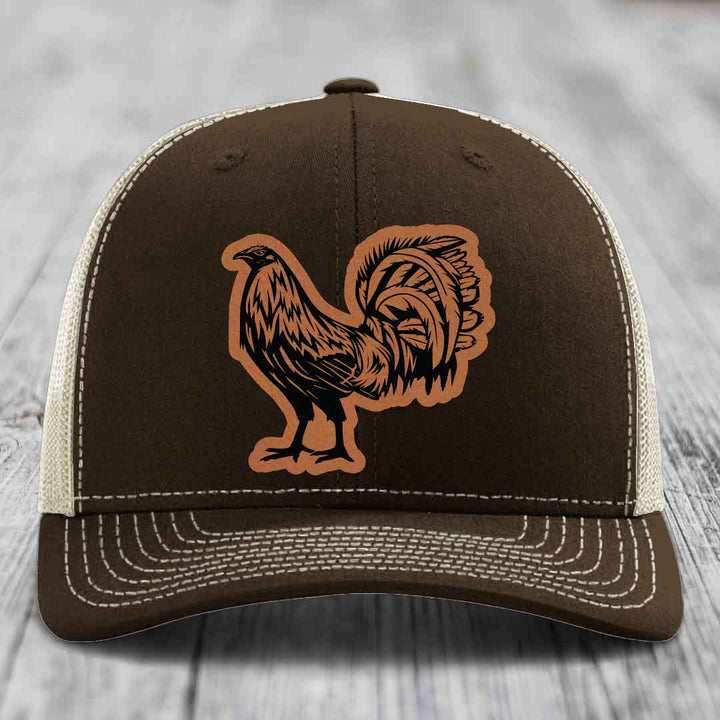 Rooster - Leather Patch Hat - Rawhide to Black Patch - Richardson 112 Snapback Trucker Hat