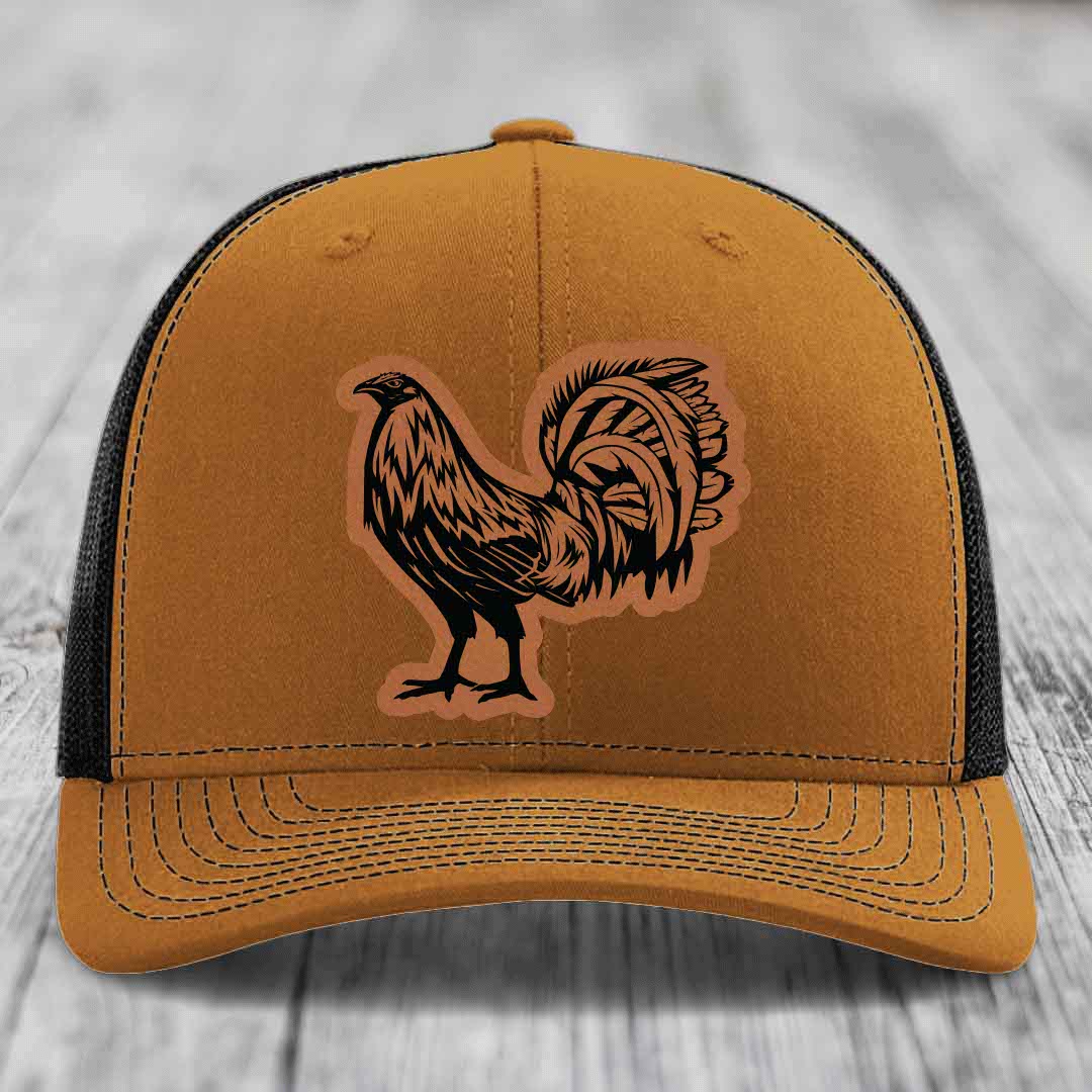Rooster - Leather Patch Hat - Rawhide to Black Patch - Richardson 112 Snapback Trucker Hat